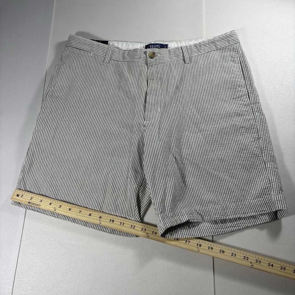 Chaps Seersucker Flat Front Shorts Men's 38x9 Gray White Stripe Cotton Preppy - Picture 2 of 5